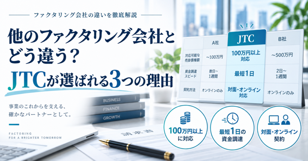 他のファクタリング会社とどう違う?JTCが選ばれる3つの理由